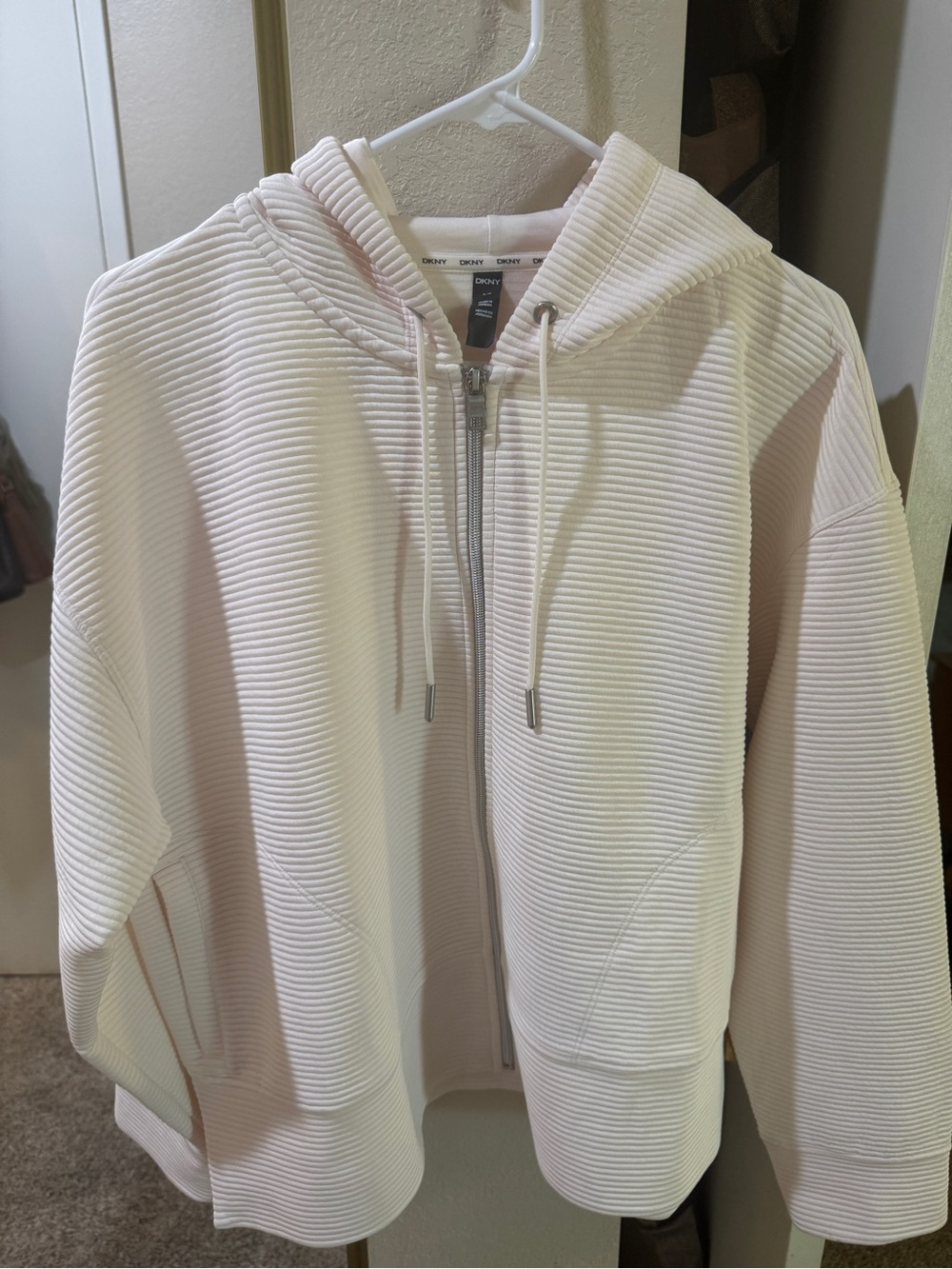 DKNY Cream Ribbed Zip Hoodie with Silver Hardware